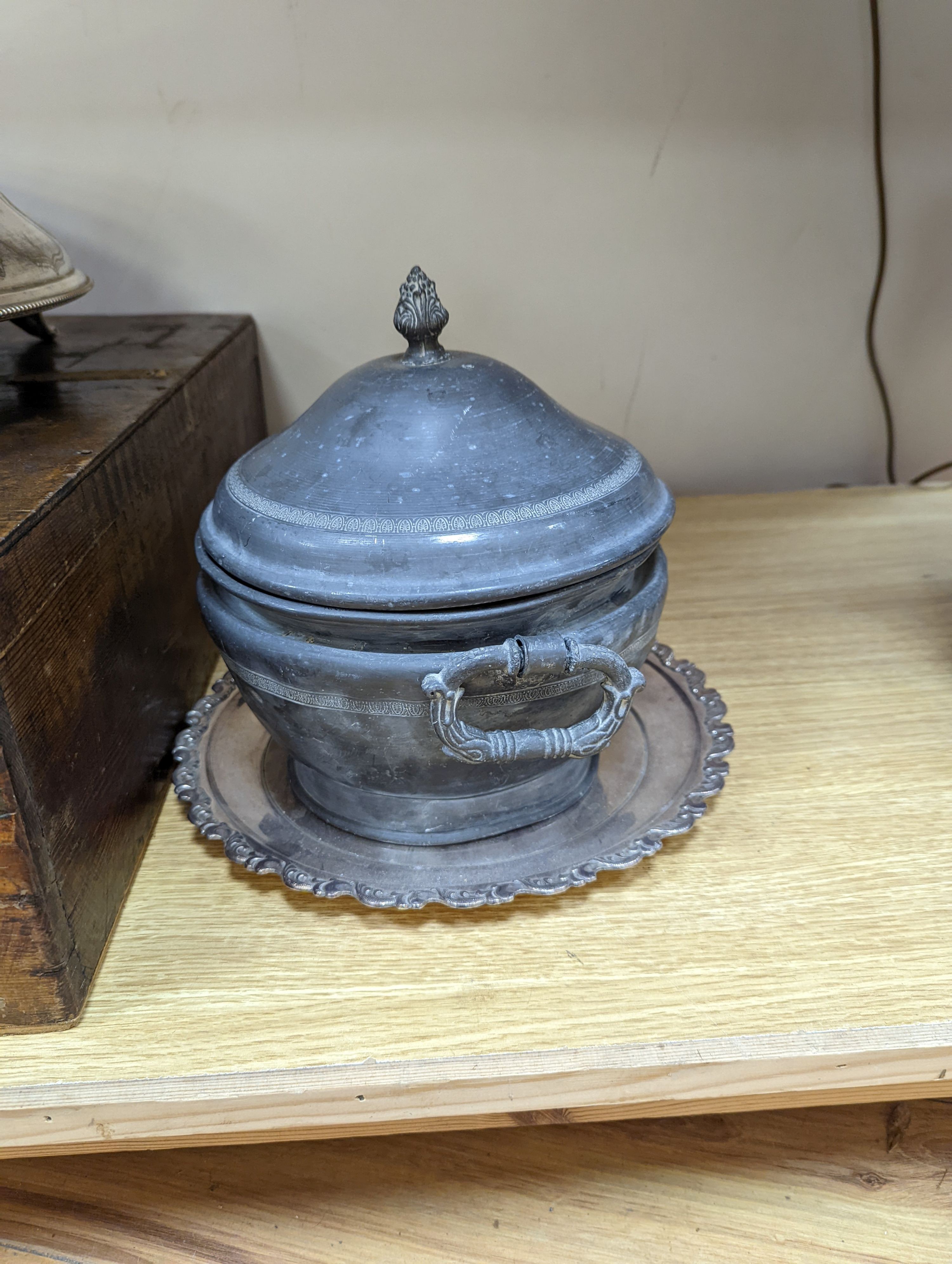 A large Victorian plated cake stand and dish with a pewter box and cover, cake stand top 43 cms.